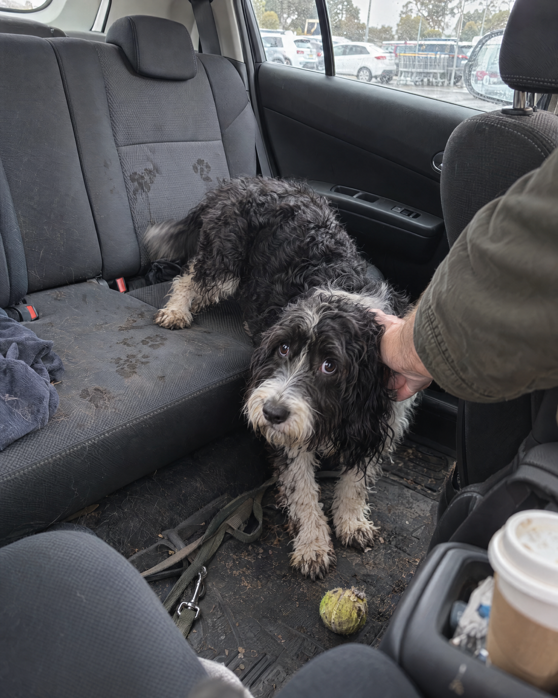 Muddy spoodle slipping off a bare back seat into the car footwell
