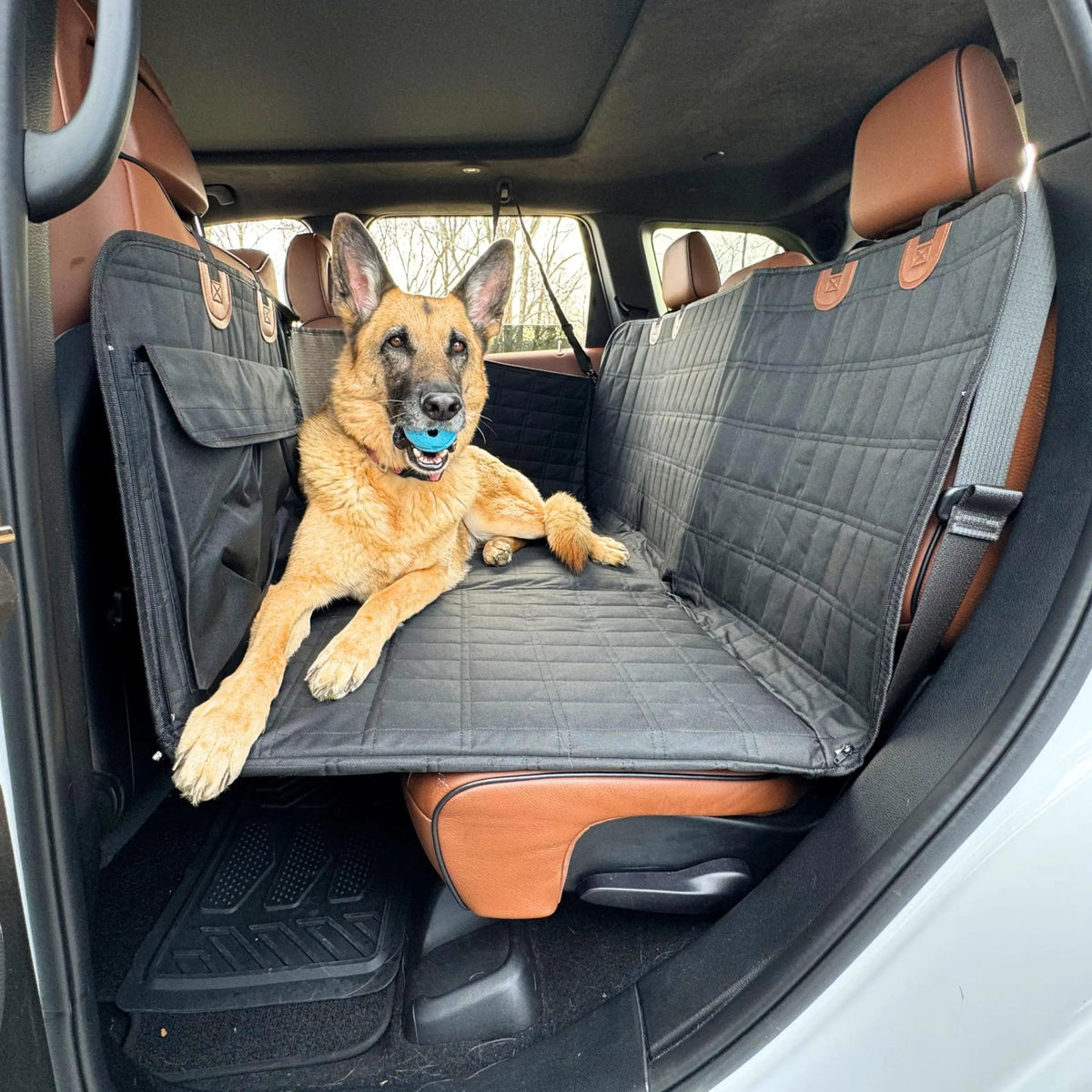 German Shepherd lying on the black back seat deck, a hard-base dog back seat extender covering the footwell
