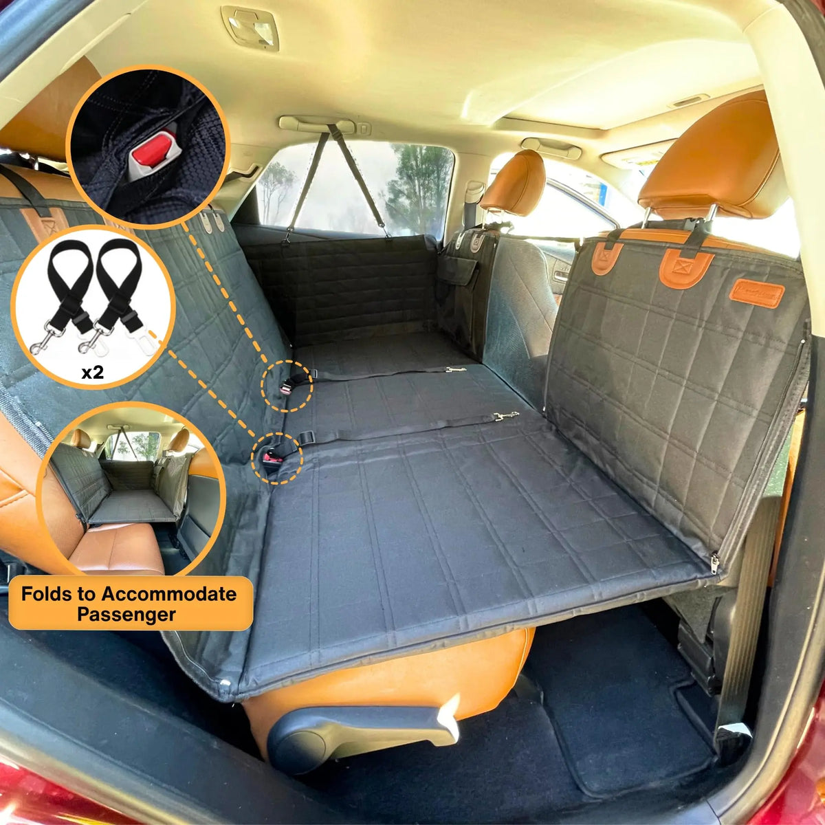 Back seat deck with one side folded back for a passenger, showing the two dog seatbelt tethers included