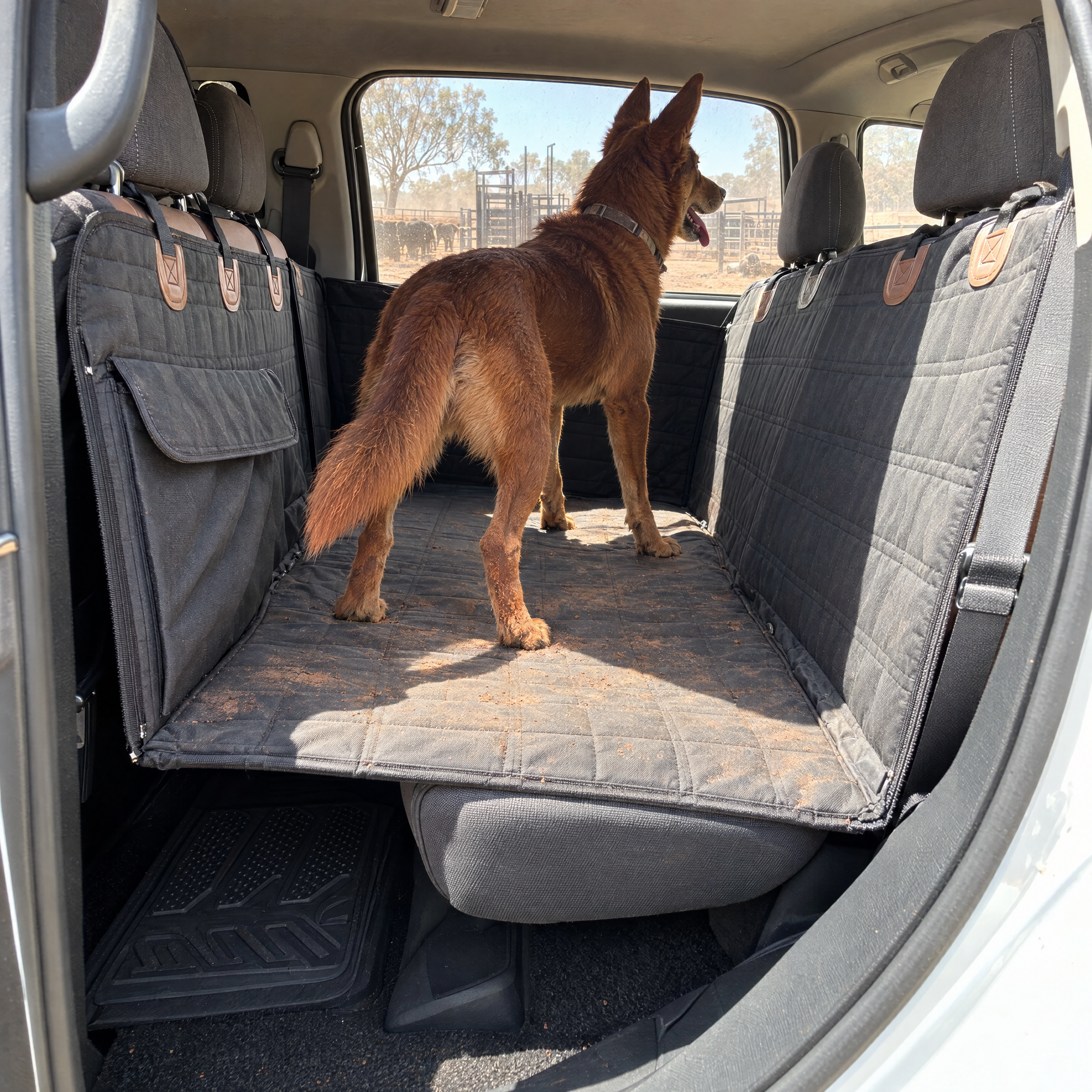 Kelpie standing on the back seat deck in a dual-cab ute