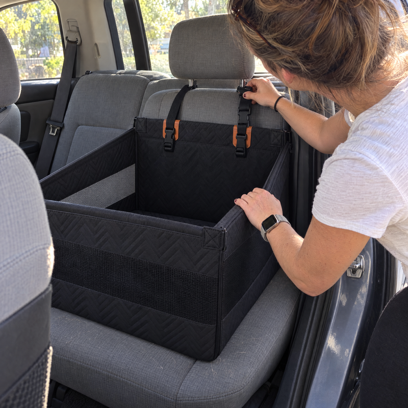 Fitting the pod: back wall against the rear seat, straps around the rear headrest
