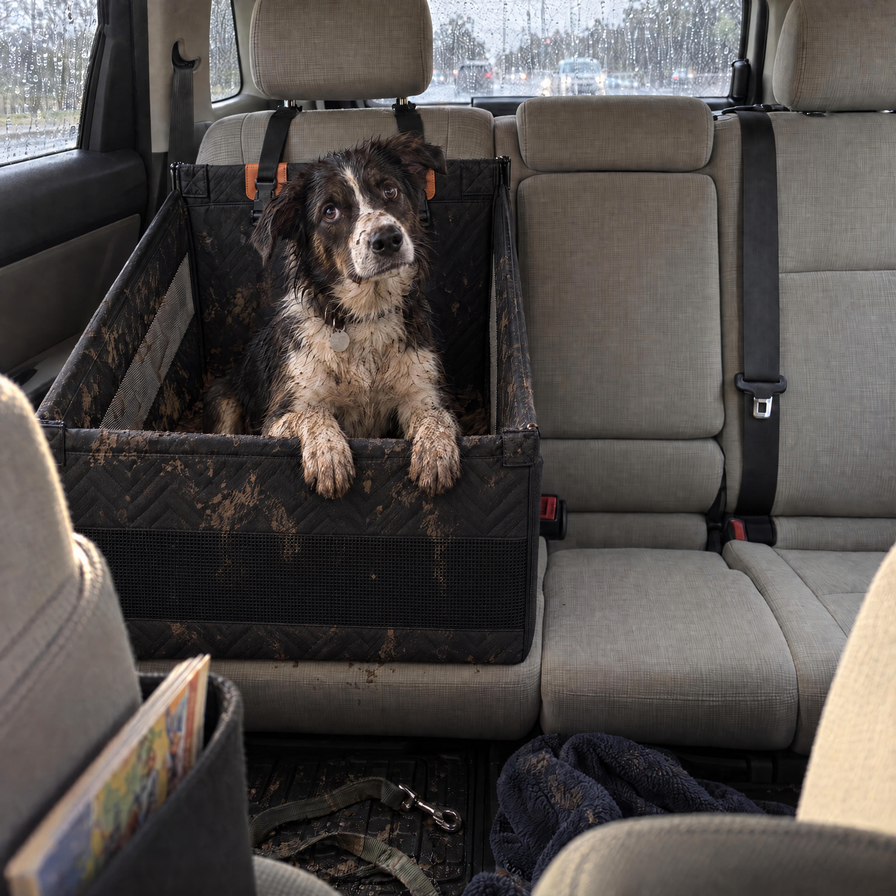 Muddy dog in the pod, the rear seat around it still clean